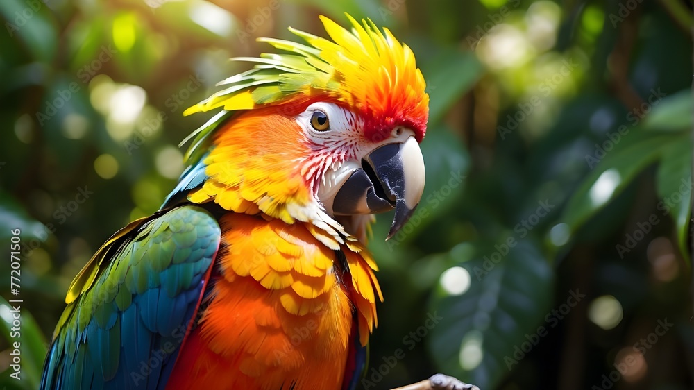 Vibrant, exotic bird in sunlight in a tropical garden