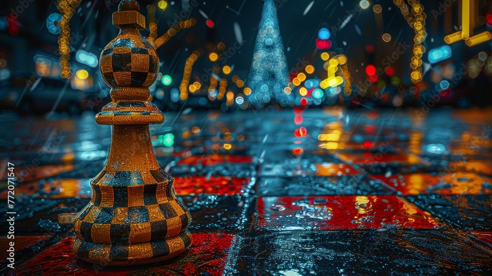   A chess piece atop a red-and-black checkered city floor, in night's quiet hush - obrazy, fototapety, plakaty 