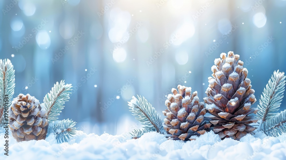   A group of pine cones atop separate piles of snow Each pile holds pine cones aloft
