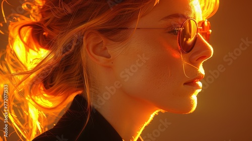  A woman in a black shirt wearings glasses is depicted in a close-up, with a yellow light casting from behind