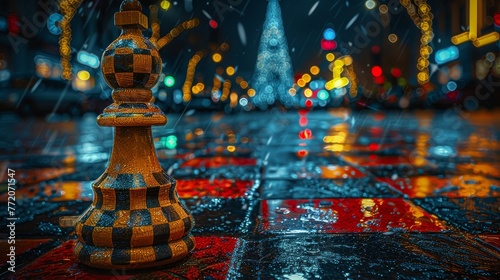   A chess piece atop a red-and-black checkered city floor, in night's quiet hush