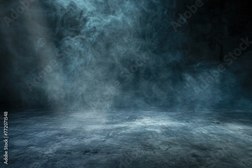 Empty space of Studio dark room concrete floor grunge texture background with spot lighting and fog or mist in background - generative ai