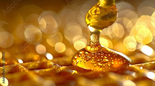  A drop of oil atop a table, near golden confetti cones in a pile