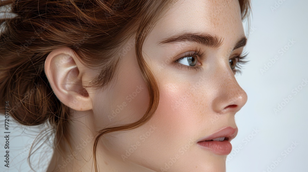 A tight shot of a woman's freckled face, adorned with a necklace A tight shot of a woman's freckled face, adorned with a necklace