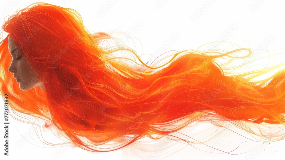   A woman with long hair, shot in close-up, against a pristine white backdrop, as if captured mid-motion with wind gently flowing through her locks