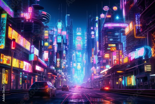 Edgy Neon city cyberpunk. Urban asian tourist. Generate Ai © juliars