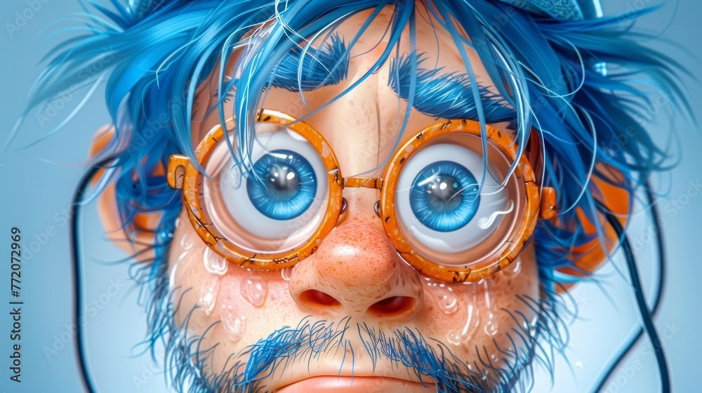   A tight shot of an individual wearing a hat, blue eyeglasses, and blue hair