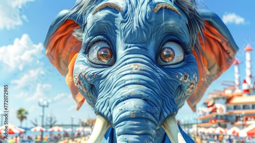  A tight shot of an elephant statue, its face daubed with blue paint A throng of bystanders populates the background photo
