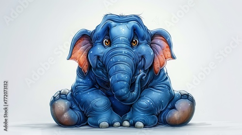   A blue elephant sits on the ground, trunk raised high against the white backdrop, eyes wide open