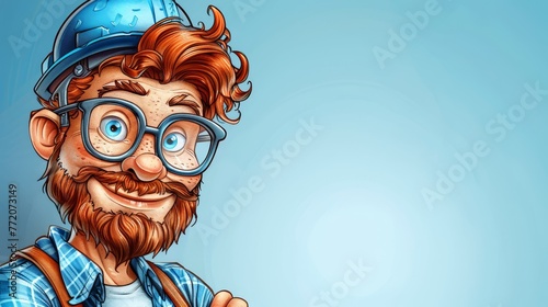  A hipster in glasses and beard wears a blue hat, giving a thumbs-up against a solid blue backdrop