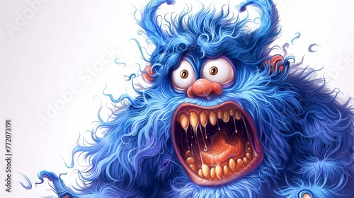  A tight shot of a blue, furry creature with an expanded mouth and widened eyes, revealing a toothy grin