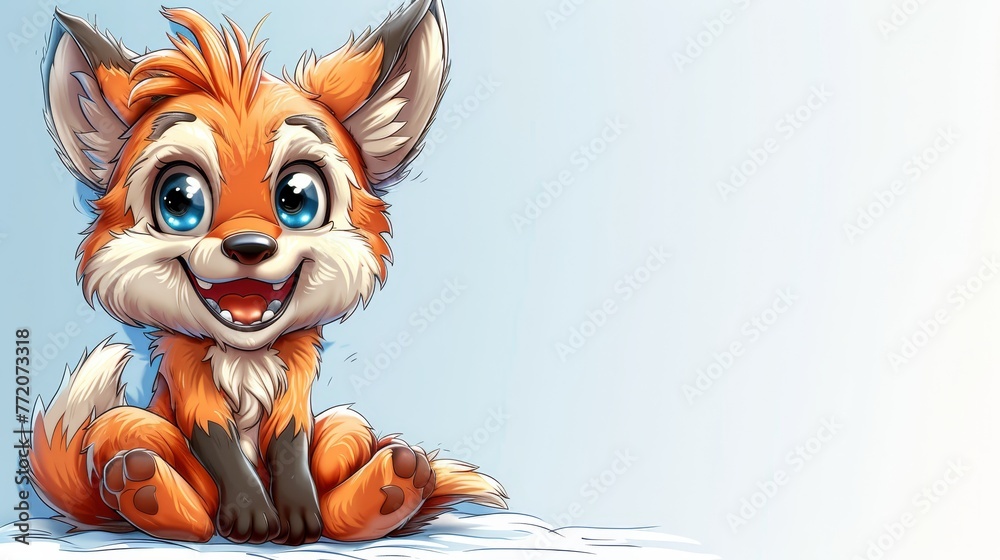 Obraz premium A charming fox sits on a snow-covered ground, its large blue eyes gazing up at a clear blue sky