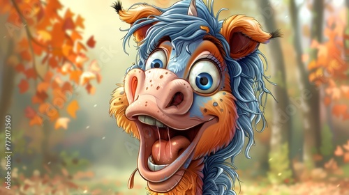  A cartoon animal, smiling broadly, amidst background leaves
