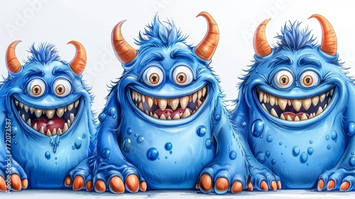   A trio of blue monsters, each with large horns and giant teeth, sit contiguously, displaying wide-open maws photo