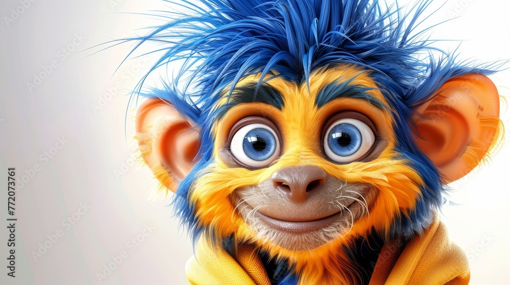   A monkey with a blue facial fur patch and a yellow jacket