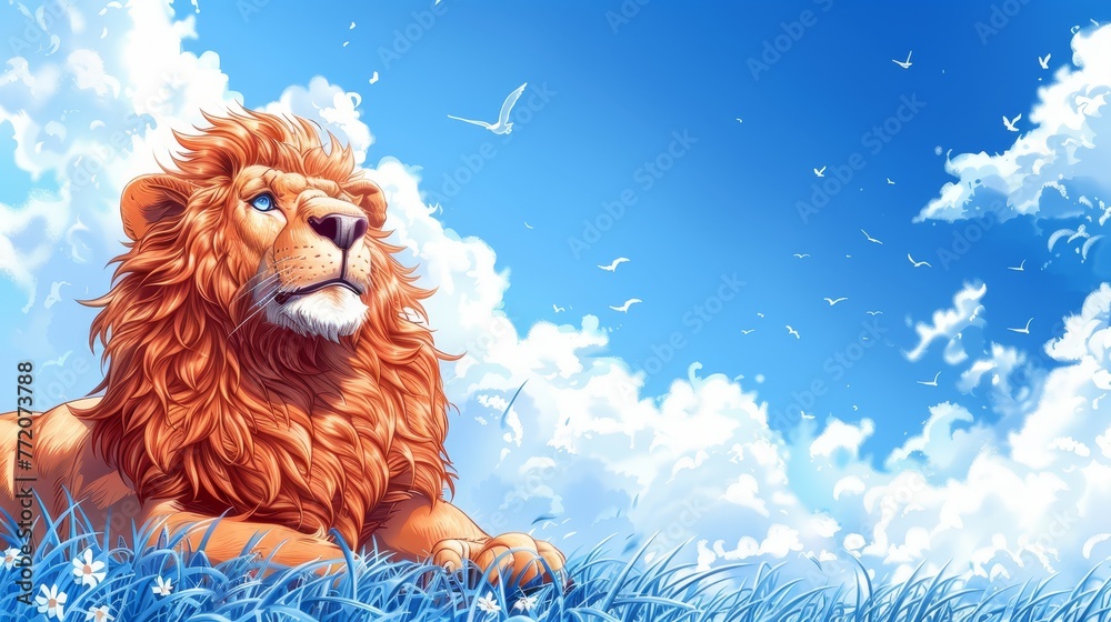   A lion reclines in a verdant field beneath a blue sky adorned with fluffy white clouds
