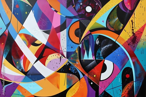 : A dynamic abstract painting with contrasting colors and shapes