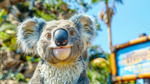   A tight shot of a stuffed koala with a sign in the background, surrounded by trees photo