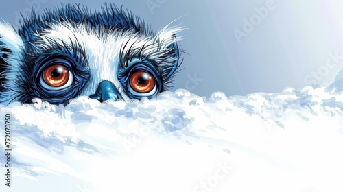  Cat with orange eyes on snow-covered hill, peeks out; Foreground, snowboard in view