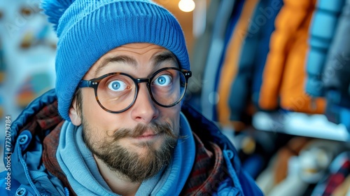   A man in glasses and a blue beanie gazes up at the camera, taken aback photo