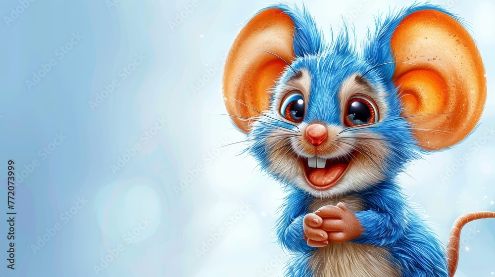 A cartoon mouse, closely framed, against a blue backdrop Background includes a snowflake-speckled sky A cartoon mouse, closely framed, against a blue backdrop Background includes a snowflake-speckled sky