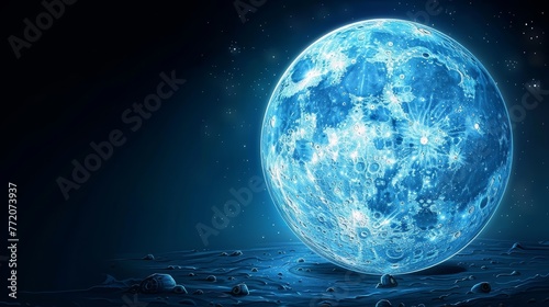   A large  blue moon hovering over a tranquil body of water  surrounded by bubbles on its surface and adorned with twinkling stars above