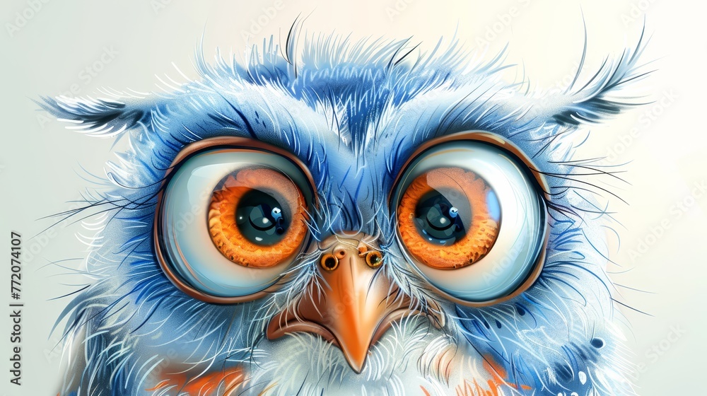   A tight shot of an owl's face wearing large, round orange and blue eyeglasses