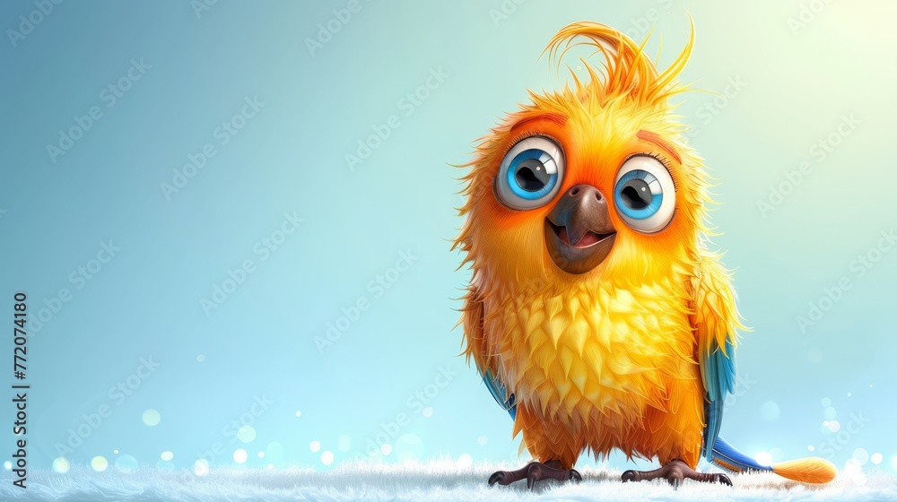   A yellow bird with blue eyes sits on a snow-covered ground, surrounded by snowflakes