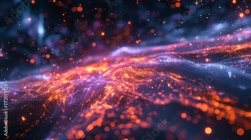 A colorful, glowing, and abstract image of a space with a blue background and orange and purple swirls
