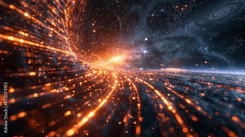 A bright orange and blue galaxy with a black background. The galaxy is filled with bright orange and blue lights that are scattered throughout the scene