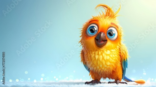  A yellow bird with blue eyes sits on a snow-covered ground, surrounded by snowflakes