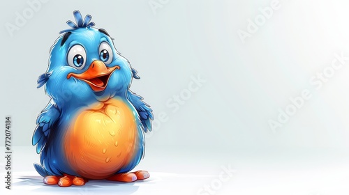  A blue-and-orange bird atop a white floor, beside a light blue wall against a white backdrop