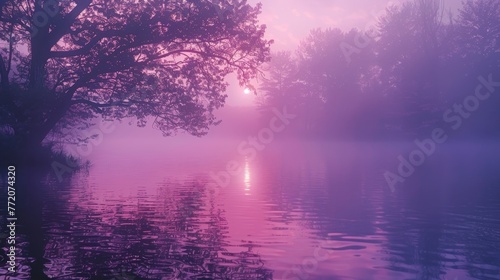 A tree is reflected in the water of a lake. The sky is pink and the water is purple photo