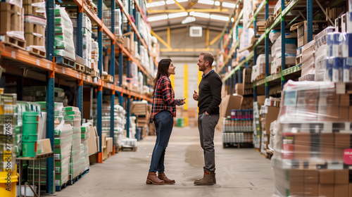 Two coworkers talking while standing in a large warehouse with boxes and cartons