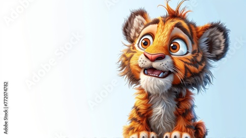   A cartoon tiger in close-up against a white background  surrounded by a blue sky
