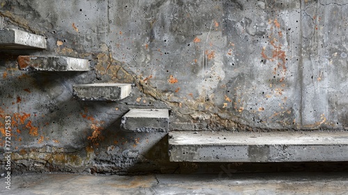  climbable steps made of concrete, ascend to wall's peak; worn-out, rusted paint covers walls photo