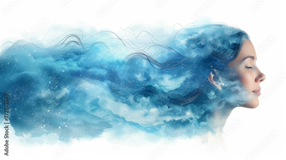   A woman with wind-tossed hair gazes up at the sky, where clouds and stars form a backdrop to her face