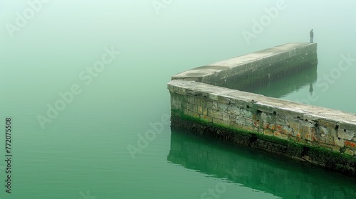   A person stands on a dock, surrounded by a body of water A wall bisects the water midway
