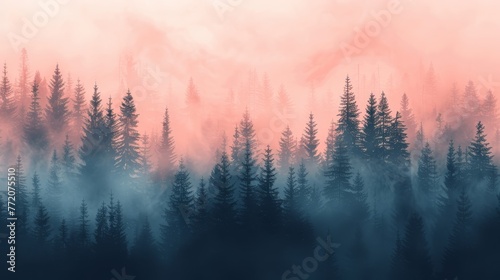   A pink and blue fog-shrouded sky tops a forest teeming with trees  with more trees visible in the distance