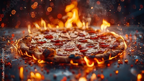  A pizza atop a metal pan over open fire, pepperoni arranged on a blackened surface beneath