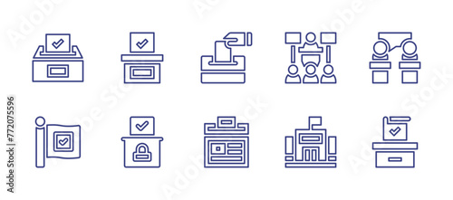 Democracy line icon set. Editable stroke. Vector illustration. Containing ballot box, voting, vote, voting box, meeting, polling, debate, flag.