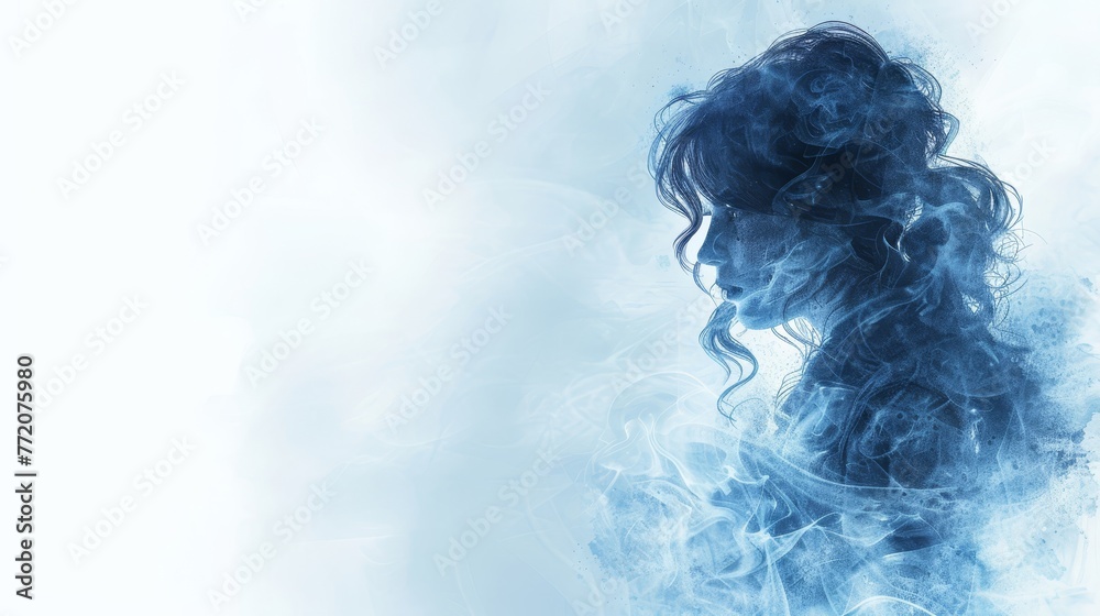  A woman's visage is veiled in smoke against a pristine white backdrop, her features defined by swirling blue smoky shadows