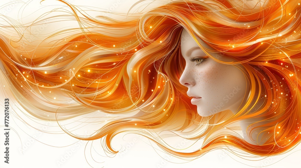   Digital painting of a woman's head with long, flowing orange-yellow hair billowing in the wind