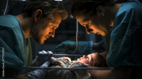 A man and a woman are looking at a baby in a hospital bed