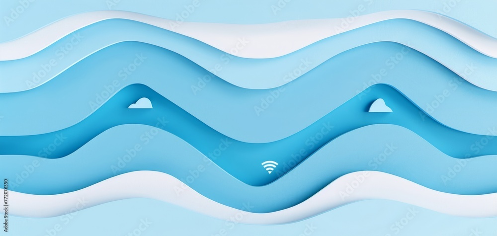 Fototapeta premium Abstract Blue Waves Paper Art with Wi-Fi Symbol.