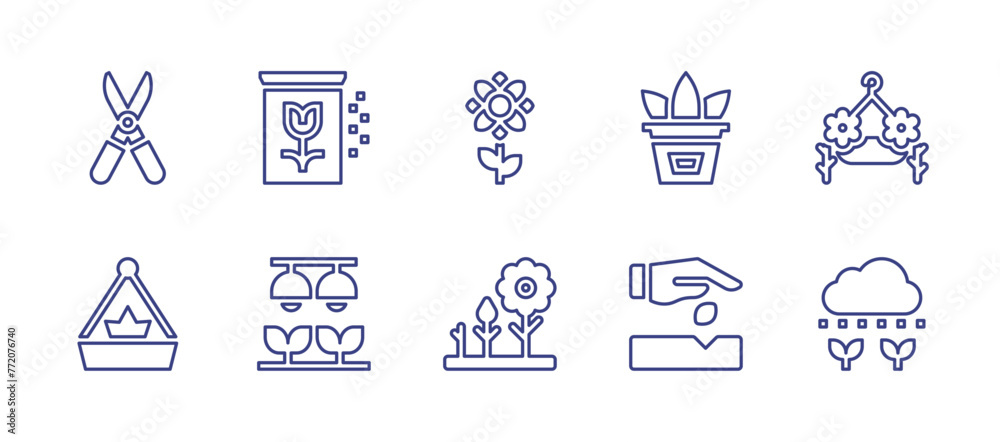 Gardening line icon set. Editable stroke. Vector illustration. Containing flower, tropical, shears, hanging basket, seedling, light, pot, seed, potted plant.
