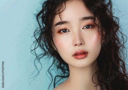 Young Korean woman with curly hair and beautiful makeup.