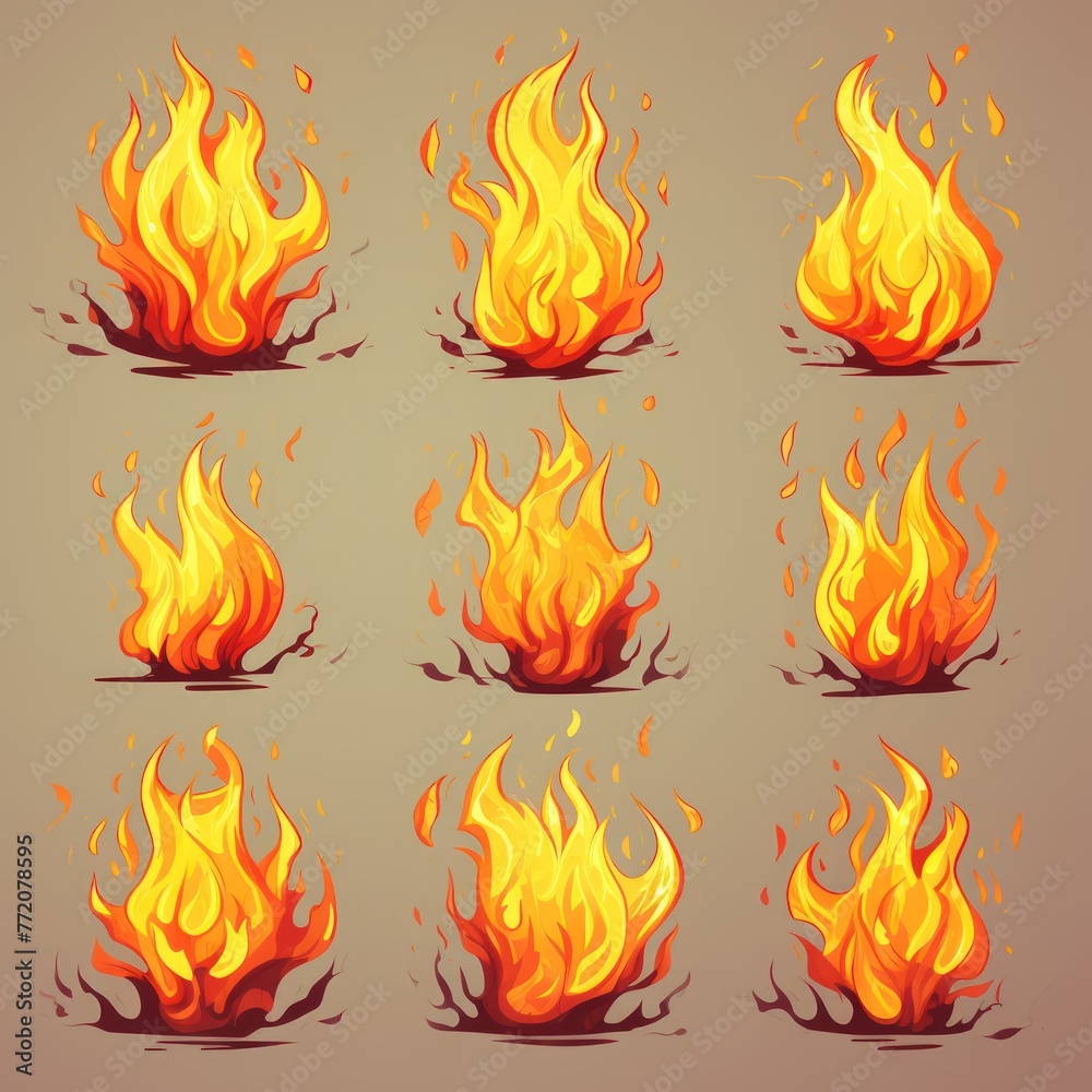 A set of nine different fire effects, each with a different size and shape A set of nine different fire effects, each with a different size and shape