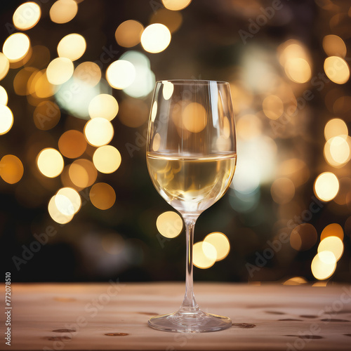A glass of wine is on a table next to a Christmas tree