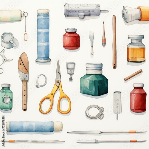 A collection of art supplies including scissors, pens, and bottles. Concept of creativity and craftsmanship